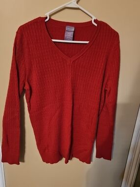 Laura Scott Red V-Neck Cable-Texture Sweater